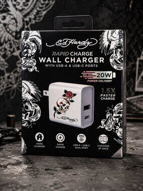 Ed Hardy Rapid Wall Charger Phone USB-A & C Ports White Skull Flower NEW